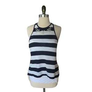 Hollister knit high low striped tank with beaded floral appliqué at the collar